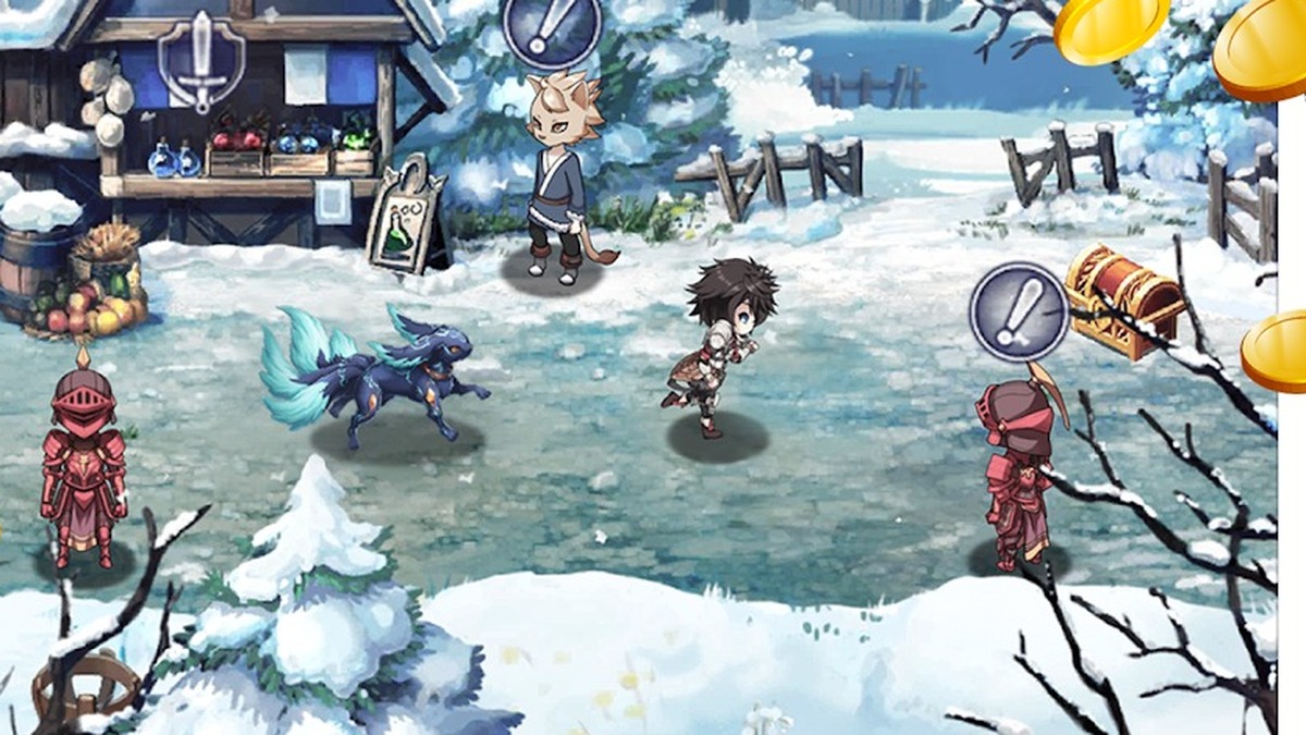 エバーテイルの雪原フィールドを探索している明るいゲーム画面