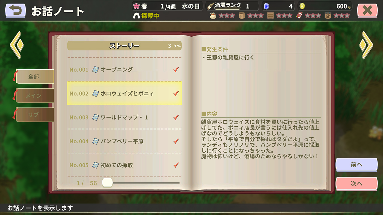 リンガム国の冒険酒場 お話ノートで物語を確認する画面