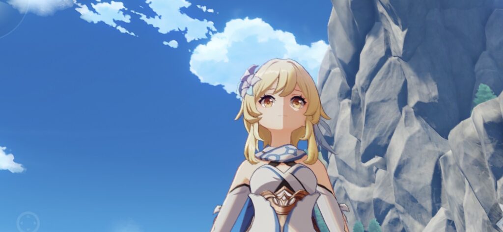 青空を背景にしたキャラクターのクローズアップ実プレイ画面