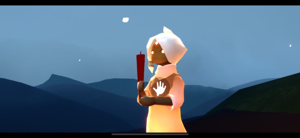 夕景フィールドで赤いキャンドルを持つ星の子のクローズアップ実プレイ画面